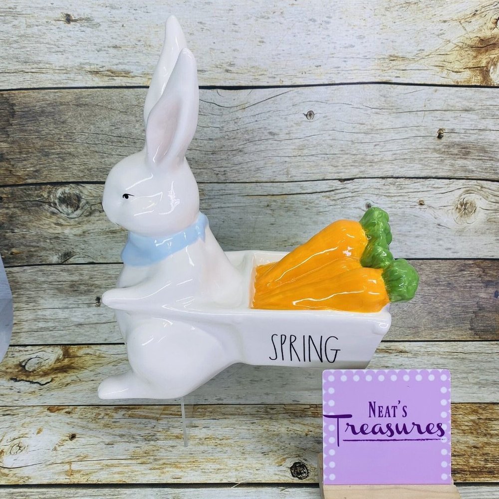 Rae Dunn SPRING BUNNY CART WAGON Artisan Collection  Magenta Ceramic Figurine